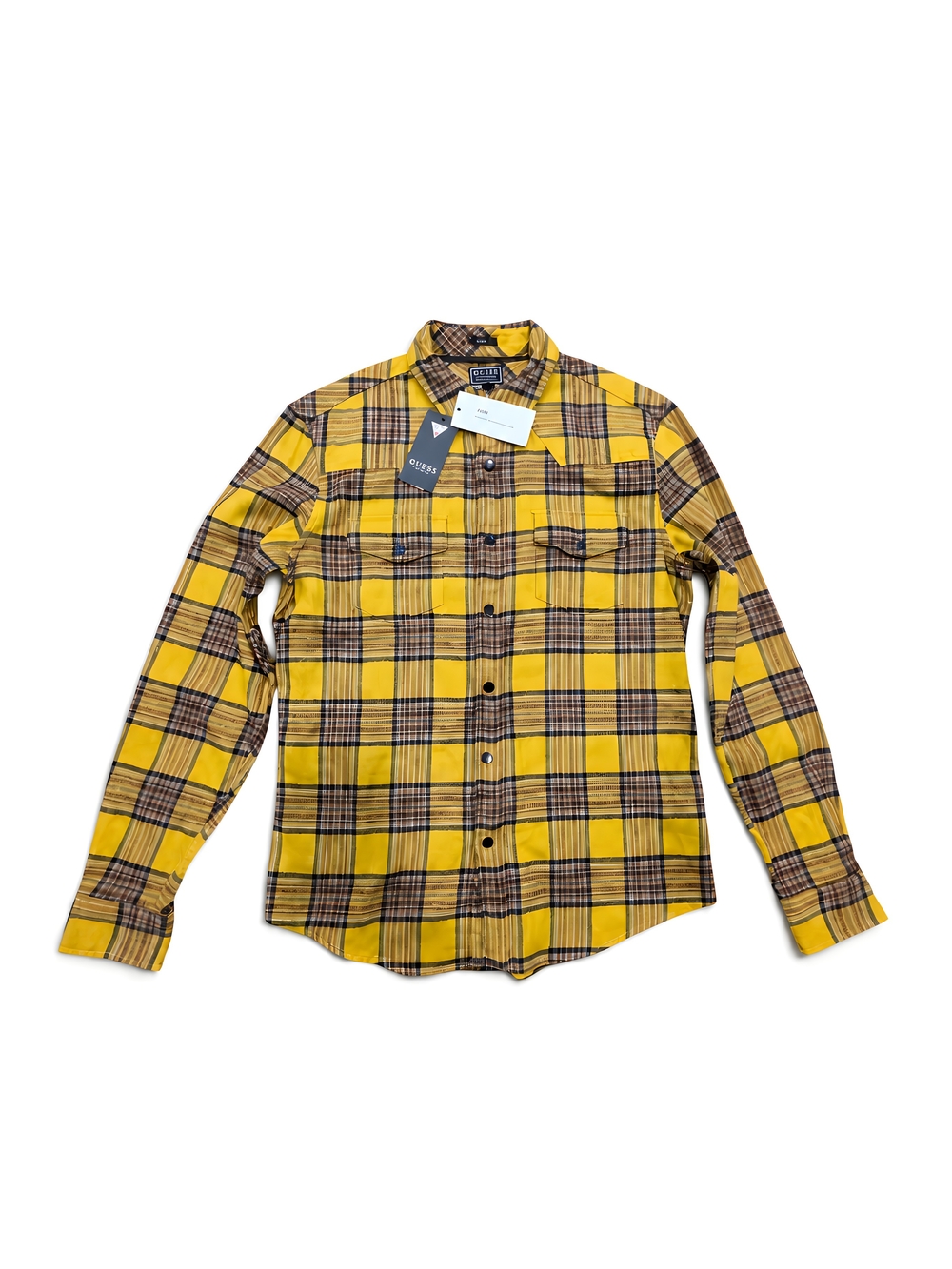 Guess Men’s XS Slim Fit Yellow Plaid Button Down Shirt Grunge
